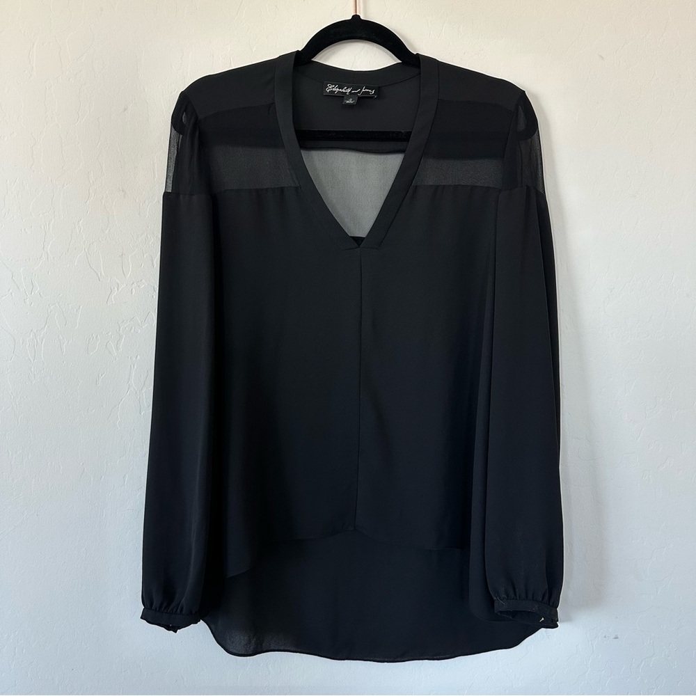 Elizabeth & James Black Silk Blend Long Sleeve Gold Button Cuff Hi Low Blouse